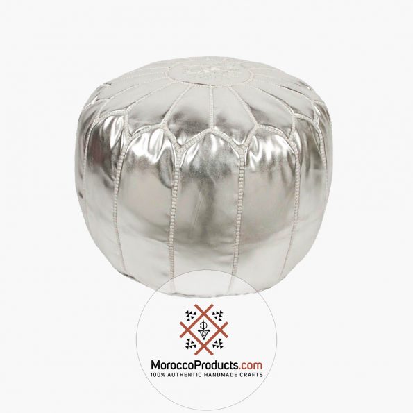 Embroidered Faux Metallic Leather Pouf