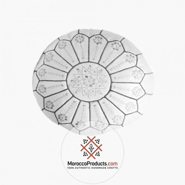 Moroccan Leather Pouf Gray On White Starbust Stitch